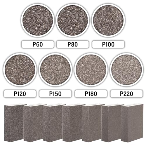 Sanding Sponge 60 80 100 120 150 180 220 Grit Reusable and Washable Wet Dry Sand Block Coarse Medium Fine Sandpaper Blocks for Wood Drywall Metal Crafts (Pack of 7 Pcs)