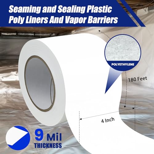 Bghdas 8 Roll, White Vapor Barrier Tape, 4" Wide x 180' Long, PE 9 mm Polyethylene Tape, for Stucco Waterproof Moisture Barriers Seal and Seam, for Crawlspaces, Insulation Repairs & Plastic Liners