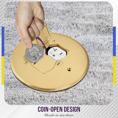 ENERLITES Dual Flip Lid Floor Outlet Cover, 5.625" Dia, 1-Gang, 20A, Brass - color: Brass 5.625"