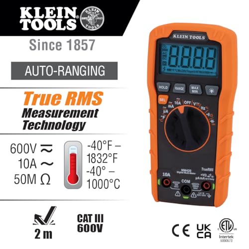 Klein Tools MM420 Digital Multimeter, Auto-Ranging TRMS Multimeter, 600V AC/DC Voltage, 10A AC/DC Current, 50 MOhms Resistance - size: Auto-Ranging