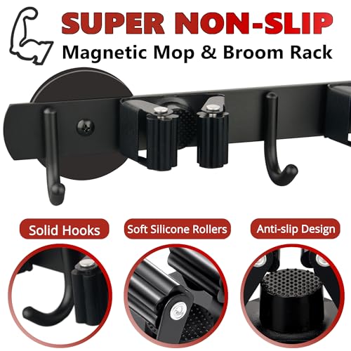 ULIBERMAGNET Magnetic Mop Broom Holder,Heavy Duty Movable Magnetic Broom Holder Rack,Anti-slip Wall Mounted Utility Storage Mop Shovel Hanger for Garage, Kitchen, Laundry, Garden(3 Racks / 4 Hooks) - style: 1 SET 3 Slot / 4 Hooks Magnetic Mop Rack