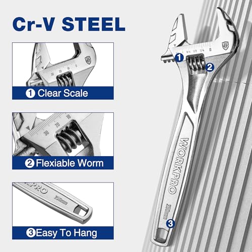 WORKPRO 2-Piece Wide Jaw Adjustable Wrench Set, 6" & 10", Cr-V Steel - color: Silver, size: 6 & 10 inch