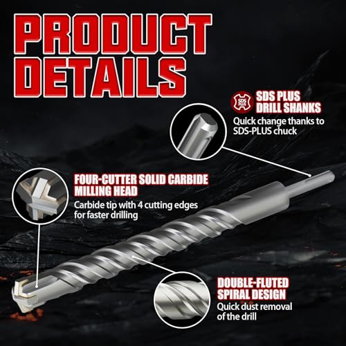 CSOOM SDS Plus Rotary Hammer Drill Bit 1-1/8"x12.2", Professional Concrete Drill Bit for Concrete, Brick, Stone and Cement Walls - size: 1-1/8"x12.2"
