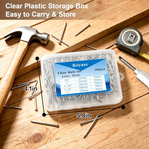 395Pcs Nails Assortment Kit, 5 Sizes Silver Hardware Nails for Hanging Pictures, Frames, Wood, Wall, Home DIY