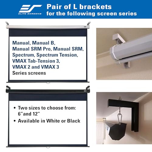 Elite Screens 6" White Projector Screen L-Brackets, Single Metal Welded Construction, Wall or Ceiling Mount - Includes Hooks and Hardware, Model: ZVMAXLB6-W