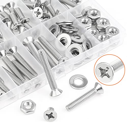 HELIFOUNER 102 Pieces #12-24 Phillips Countersunk Head Machine Screws Nuts Washers Assortment Kit, Coarse Thread, Fully Machine Threaded, 304 Stainless Steel - size: #12-24