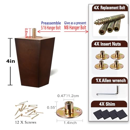 SHANJUE 4 Inch Wood Couch Legs Square Furniture Feet for Sofa Chair, 4 Pack - size: 4 inches