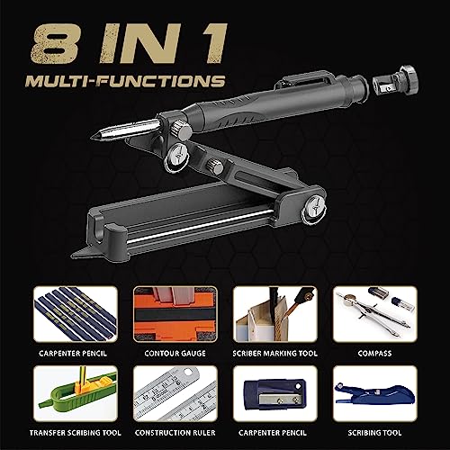 Multi-function Scribing Tool, Zinc Alloy Smart Scribe Tool with Solid Carpenter Pencil, DIY Scribe Tool Woodworking, Gauge Scriber Line Maker, Measuring Tool with Scale, Black - color: Black