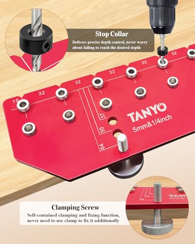 TANYO 11-Hole Shelf Pin Jig, 1/4" & 5mm Drill Bits, Cabinet Hardware - color: Scarlet, size: 11 Hole