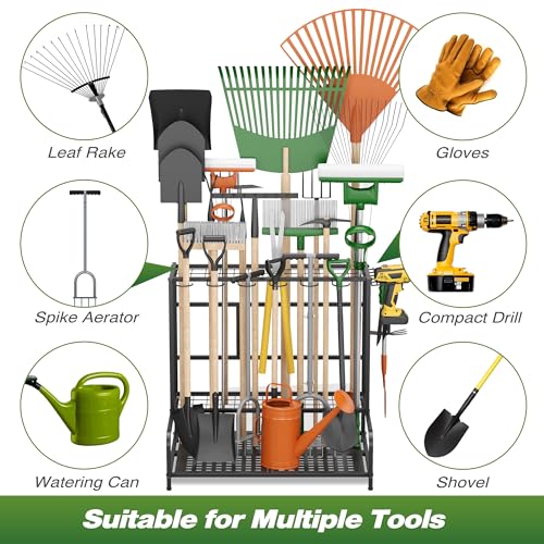 Sttoraboks Garden Tool Organizer Rack Up to 39 Tools, Heavy-Duty Steel Yard Tool Organizer for Garage Storage with 12 Hooks, Broom Holder & Garden Tool Rack for Shed, Patio, Outdoor Storage, Black - style: Rack With Accessories – No Wheels