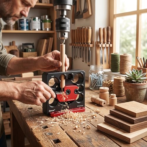 AUNMAS Adjustable Dowel Maker Jig, 8 Hole Sizes Aluminum Alloy Woodworking Tool for 8mm to 20mm Dowels Hardened Steel Holes Strong Joints Portable Project Use with Accessory Kit