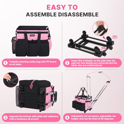 JKAOO Large Rolling Cleaning Caddy Bag with Detachable Trolley, Pink - color: Pink