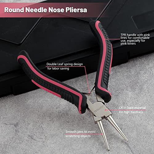 5-Inch Round Nose Pliers for Jewelry Making Wire Looping Plier Smooth Jaws Wire Bending Pliers Jewelry Making Tool Precision DIY Hand Tool for Wire Looping Wrapping, Pink Tool for Women - style: Round Nose Pliers