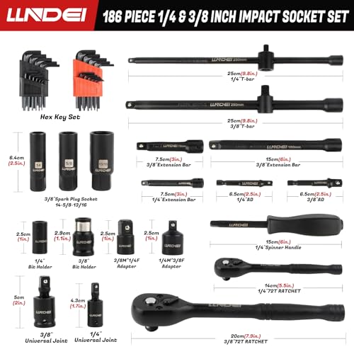 LLNDEI 1/4 & 3/8" Drive Impact Socket Set 186Pcs SAE/Metric - size: 186-Piece 1/4" & 3/8" Drive Socket Set