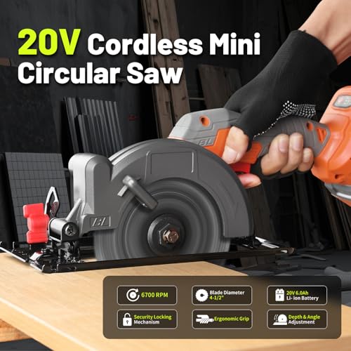 20V Mini Circular Saw Cordless,4-1/2" Compact Wireless Circular Saw 6.0Ah Battery, Fast Charger,6700 RPM, Max Cutting Depth 1-11/16"(90°), 1-1/8"(45°) with 3 Blades