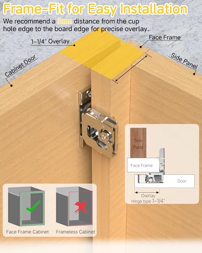 Onemake 80 Pack 1-1/4" Overlay Face Frame Soft Close Cabinet Hinges, 105° Concealed Hinge, Smooth Slow Self Closing, 3D Adjustable, Hidden Hardware Replacement for Kitchen, Wardrobe, Cupboard Door - size: 1-1/4"