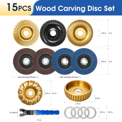 15PCS Wood Carving Disc Set for 4" & 4-1/2" Grinder Grind/Shape/Sand/Polish