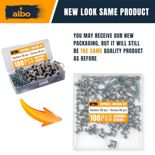 ALBO Drywall Anchor Kit Hollow Wall with Screws 100 pcs. (Grey Anchor 50pcs + Screws 50pcs) Plastic Hollow Wall Drilling Anchors - color: Grey 50pcs