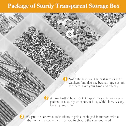 565 Pieces M2 Screws Nuts Washers Set, Sutemribor M2 x 4/6/8/10/12/16/20mm Button Head Socket Cap Screws Nuts Washers Assortment Kit, 304 Stainless Steel, Fully Threaded - size: M2, style: Button Head Socket Cap