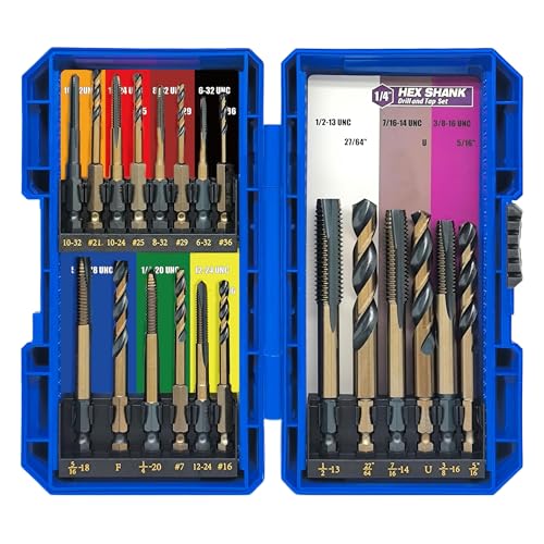 JEFE HEX 20pcs Hex Shank Drill and Tap Set, W4 HSS, Quick Change Tap Set and Drill Bit for Metal, Combination of Drill and Tap Set for Impact Driver, Thread Tap Set from 6-32 UNC to 1/2"-13 UNC - size: 6-32 UNC to 1/2"-13 UNC Drill & Tap (20 pcs)