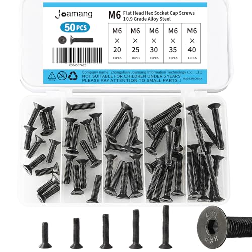 M6 x 20mm 25mm 30mm 35mm 40mm Flat Head Hex Socket Cap Screws Countersunk Bolts, 10.9 Grade Alloy Steel, Black Oxide Finish, Metric Allen Drive, Fully Threaded, Assortment Kit 50Pcs - size: M6 x 20/25/30/35/40 mm