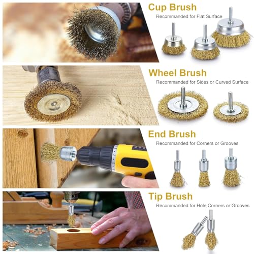 Brass Wire Brush for Drill Rust Removal, Wire Wheel for Drill, Cup Brush and End Brush Set, Wire Brush Drills Attachments, 1/4" Drill Shank, Carbon Steel Bristles (Brass Wire Brush, 28)