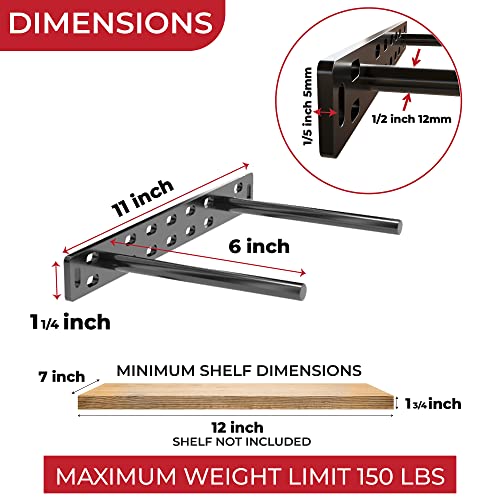 Set of 2 Floating Shelf Brackets 11 inch Multiple Mounting Location Baseplate/Heavy Duty Black Painted Mild Steel Bracket Hidden Wall Shelves Support Hardware Mount Kitchen/Nursery Decor (6 inch Rods) - size: 6 inch Rod