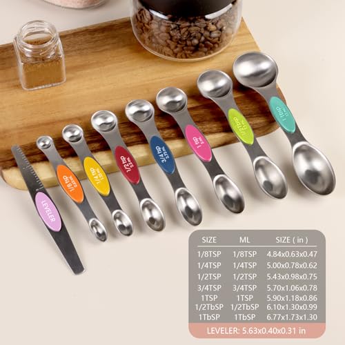 ChefAide Set of 8 Magnetic Measuring Spoons, Stainless Steel, Dual Sided - color: Multicolor-2, size: Magnetic Measuring Spoons