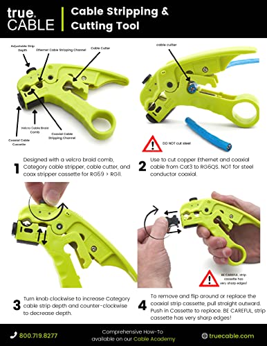 trueCABLE Wire Stripping and Cutting Tool for UTP, FTP, STP, Cat5e, Cat6, Cat6A Ethernet, RG59, RG6, RG7, RG11 Coax Cable, Adjustable Blade Depth