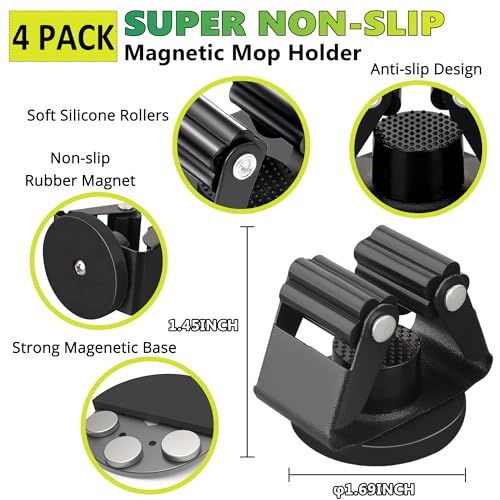 ULIBERMAGNET Magnetic Mop Broom Holder,Heavy Duty Movable Magnetic Broom Holder Rack,Anti-slip Wall Mounted Utility Storage Mop Shovel Hanger for Garage, Kitchen, Laundry, Garden(4 Pack/Black) - style: 12LB 4PCS Magnetic Mop Holder