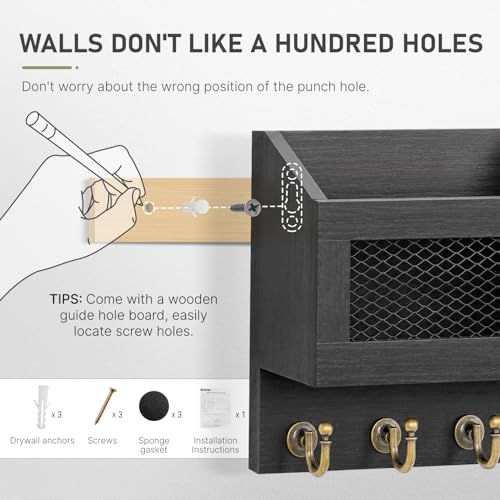 FifthQuarter Key Hooks for Wall with Drawer and 6 Sturdy Key Hooks, B-Black - color: B-Black