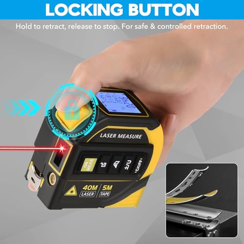 4-in-1 Laser Tape Measure - Class 2, 131FT Laser Distance Meter, 16FT AutoLock Tape Measure, Cross-Line Laser Level, Dual-Axis Electronic Angle, LCD Display, for DIY, Construction Projects