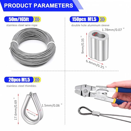 Twidec/Wire Rope Crimping Tool Kit Up To 2.2mm Swaging Tool With 165FT 1/16'' 304 stainless steel Wire Rope And 150PCS 1/16''Aluminum Crimping Loop Sleeve 20PCS Wire Rope Thimbles - style: 165FT