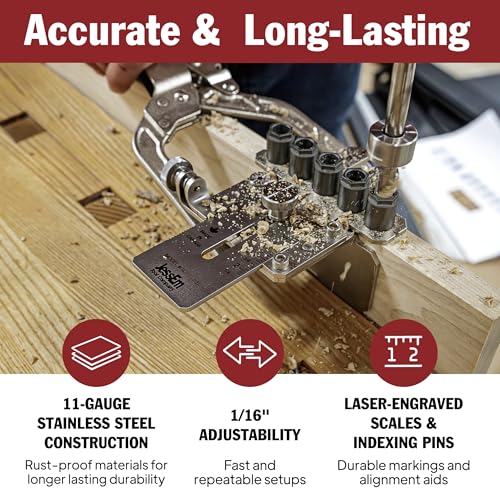 JessEm 08358 Seasoned Pro Stainless Steel Dowelling Jig Complete Kit with 1/4", 3/8" and 1/2" Guides, Three Angle Bases, Wall Bracket, Precision Woodworking Joinery Tool