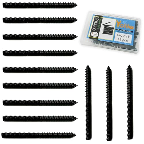 12 Pack 1/4-20 x 3 Inch Black Hanger Bolts - Double Headed, Carbon Steel, 1/4-20" Double Screw, Wood Dowel Screw - size: Black 1/4-20"x3"-12PCS