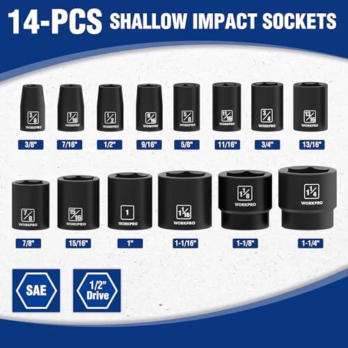 WORKPRO 1/2” Drive Shallow Impact Socket Set, SAE Cr-V Steel 6-Point Socket Set with Storage Case for Automotive Maintenance and Repairs (14PCS 3/8”-1-1/4") - size: 14 PCS, SAE