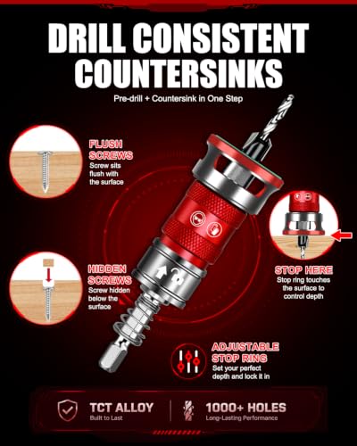 Upgrade 10PCS Countersink Drill Bit Set with Adjustable Depth Stopper - color: Red, size: Extended - Quick Adjustment