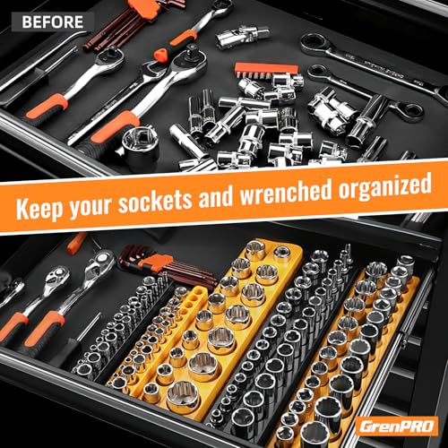 GRENPRO 8-Piece Professional Tool Organizer Set: 6-Piece Magnetic Socket Organizer & 2-Piece Wrench Holders for 1/4", 3/8", 1/2" Drive SAE & Metric Sockets and Wrenches | Saves Space & Easy Access