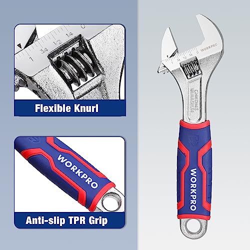 WORKPRO 8-Inch Adjustable Wrench, Wide Jaw, Metric/SAE Scales | Rubber Anti-Slip Grip, Premium Cr-V Steel, Chrome-Plated Finish for Strength and Corrosion Resistance - size: 8 inch