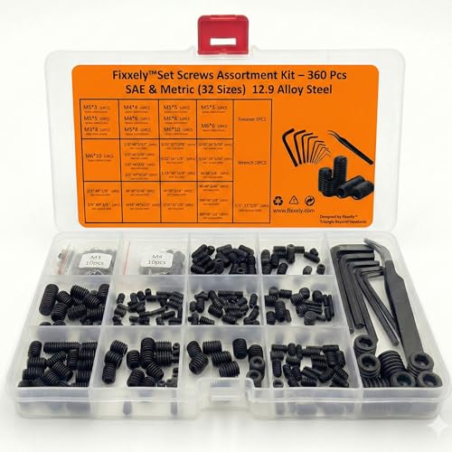 360 Pcs Set Screws Assortment Kit (32 Sizes, Metric & SAE) – 12.9 Alloy Steel Hex Socket Grub Screws with Allen Keys for Door Handles, Bathroom Fixtures, Knobs & Machinery