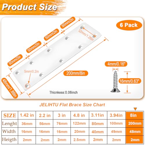White Mending Plates 7.87x1.89 inch Flat Brackets,6PCS | Heavy Duty Stainless Steel Straight Brace for Wood Furniture, Fence Repair & Joining - Includes Screws for Fastening & Fixing - size: 7.87 x 1.89 x 0.08 inch/200 x 48 x 2 mm
