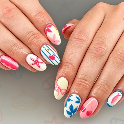 Summer Press On Nails Short Almond Colorful Starfish Fish Flower Stripes - color: Style30