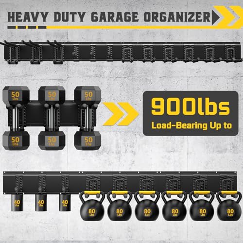 64" Garage Wall Tool Organizer, 900 Lbs Heavy Duty Steel Garden Tool Storage Rack & Garage Organization for Yard, Shed, Garage - 12 Longer & Thicker Hooks + 2 Straps - size: 64inch