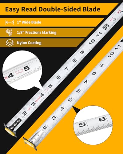 Tape Measure 25 ft with 1/8 Fractions, Magnetic Measuring Tape Retractable