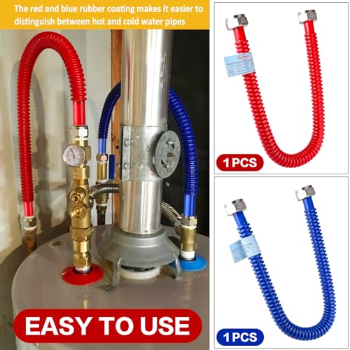 2 Pack, Upgrade Hot & Cold Water Heater Hose, 1" FIP x 1" FIP x 24 in Length Stainless Steel Corrugated Water Line Connector For Water Softener Tanks, Rubber Coating Red & Blue - size: red+blue 1"Fx1"F, 24"L(0.7"ID)