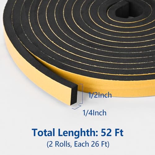 Self Adhesive Foam Tape Weatherstrip 1/2in x 1/4in x 52Ft High Density Foam Insulation Strips Foam Seal Weather Stripping with Strong Adhesive for Door and Window Sound Isolation Soundproofing - size: 1/2in x 1/4in x 52Ft