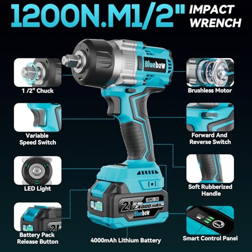 1/2 Inch Cordless Impact Wrench, 900 Ft-lbs (1200 N·m) High Torque Brushless Impact Driver Gun, 2300 RPM, 2×4.0 Ah Batteries, LED Light, 4 Sockets, Variable Speed Power Tool for Car & Tire Removal - size: Large