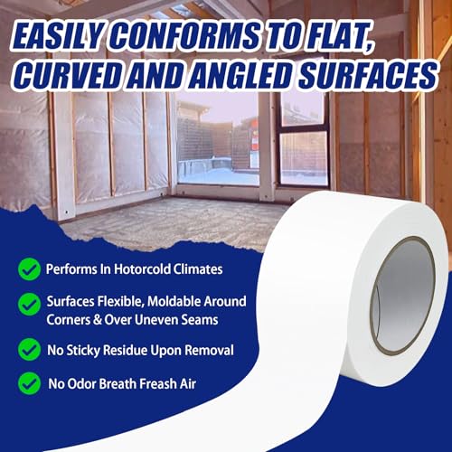 Bghdas 8 Roll, White Vapor Barrier Tape, 4" Wide x 180' Long, PE 9 mm Polyethylene Tape, for Stucco Waterproof Moisture Barriers Seal and Seam, for Crawlspaces, Insulation Repairs & Plastic Liners