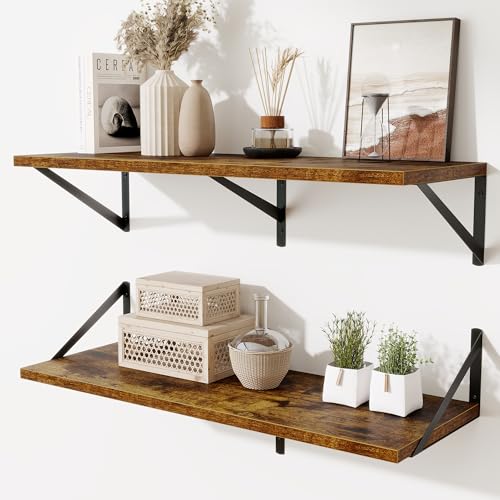 Acovy Floating Shelf for Wall,32" WX10 D Wood Floating Shelves with Sturdy Metal Bracket Set of 2,Wall Mounted Hanging Shelf for Bathroom,Bedroom,Kitchen,Rustic Brown - color: Rustic Brown, size: 32"Wx10"D-2pcs