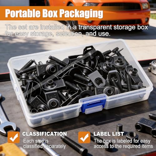 mankk 50PCS M6-1.0 Fender Liner Screw and U-Nut Clips Kit,Body Fasteners,U-Nut Clips & Hex Head Bolts,Automotive Body Clips Fender Bolts for Fender, Engine Cover & Splash Shield - color: Black-M6-1.0 Kit